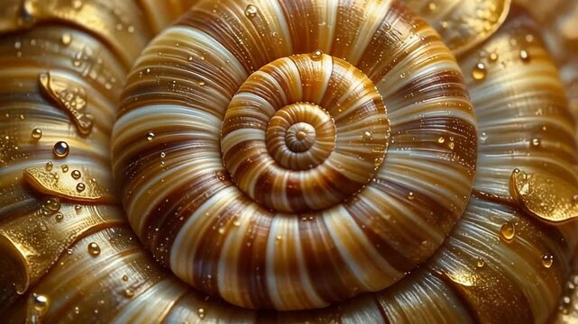 Golden Nautilus Shell Spiral Macro with Water Droplets