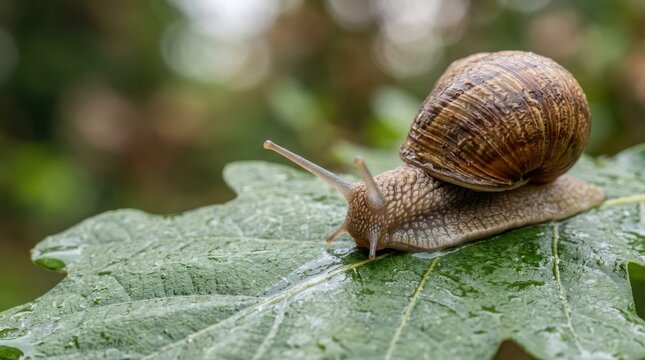 Close-up view of a garden snail slowly moving across a wet green leaf in a natural outdoor setting