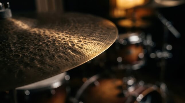 Close-up view of a golden cymbal edge reflecting light, part of a drum kit in a studio setting.