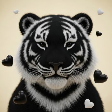 Cute tiger cub with floating hearts digital
