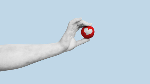 Human hand holding a glossy red like icon isolated on transparent background.
