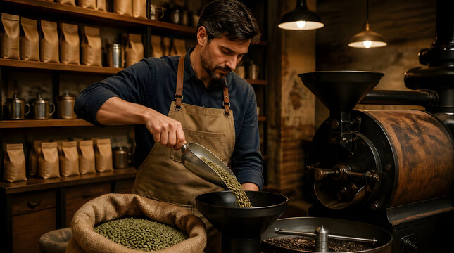 Man pouring coffee beans into industrial roaster rustic shop shelves realistic three quarter shot of roasting process