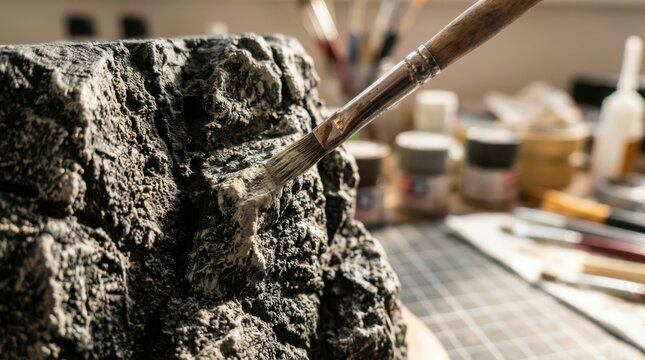 Detailed miniature rock texture being meticulously crafted with a paintbrush in a crafting studio