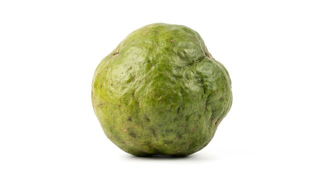 Single fresh green Mamoncillo fruit isolated on white background, studio shot of Melicoccus bijugatus tropical fruit with textured skin