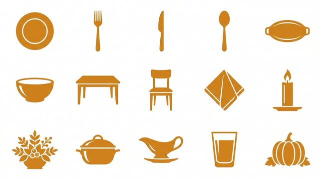 Thanksgiving dinner table setting icons set for holiday celebration
