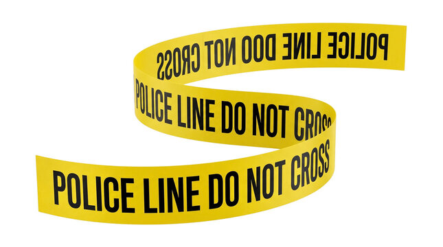 Yellow police caution tape twists in an S-shape curve on a transparent background.