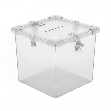 Clear plastic ballot box stands on a solid white background