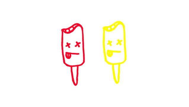 Red and yellow hand drawn popsicle pair with funny faces doodle illustration, summer ice lolly sketch, frozen dessert icons isolated on white background for menu, sticker and poster design