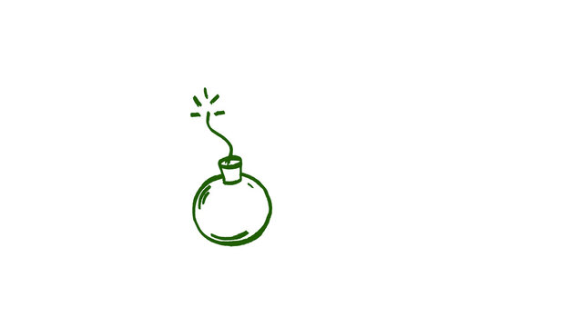 Green hand drawn round bomb doodle illustration, cartoon explosive with spark sketch, simple dynamite icon, fun grenade clipart isolated on white background for game, sticker and poster design