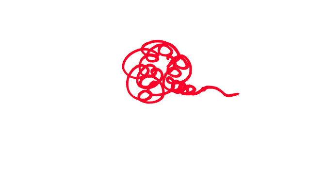 Red hand drawn scribble yarn ball with trailing thread doodle illustration, tangled string sketch, creative messy line art isolated on white background for craft, knitting and design projects