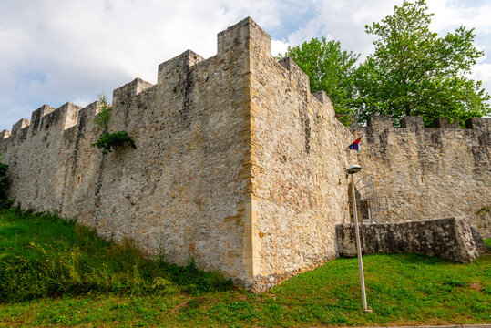 Stone walls and battlements of historic Celje Castle, Celje, Slovenia, 22 June 2019