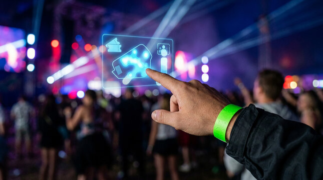 Man using futuristic holographic interface to access digital tickets and map at a crowded outdoor music festival concert at night.