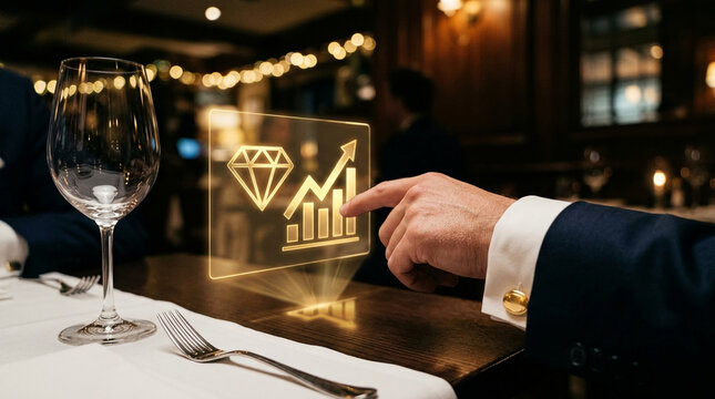 Successful Businessman Tracking Luxury Diamond Investment and Market Growth Using Advanced Holographic Interface in an Upscale Restaurant Setting
