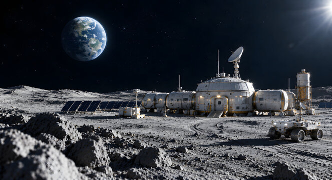 Futuristic lunar colony base with research station and rover on moon surface, planet Earth glowing in dark outer space
