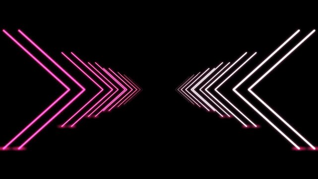 Neon pink and white arrow tunnel background, glowing geometric light lines motion graphic, futuristic V-shape chevron animation for music stage