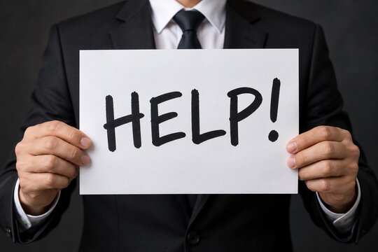 Businessman holding sign with help text in suit close up