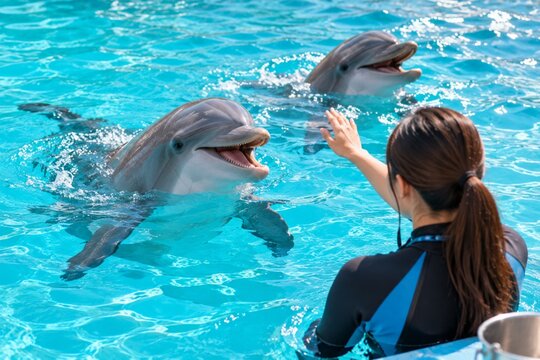 Female trainer interacting with two dolphins in blue water pool