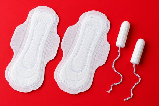 White sanitary pads and tampons on red background