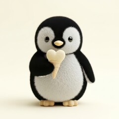 Fototapeta premium Cute fluffy penguin holding heart ice cream 3D render