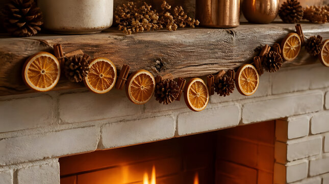 Rustic Mantel Garland of Dried Orange Slices Pine Cones Cinnamon Sticks Warm Fireplace White Brick Wall Indoor Setting