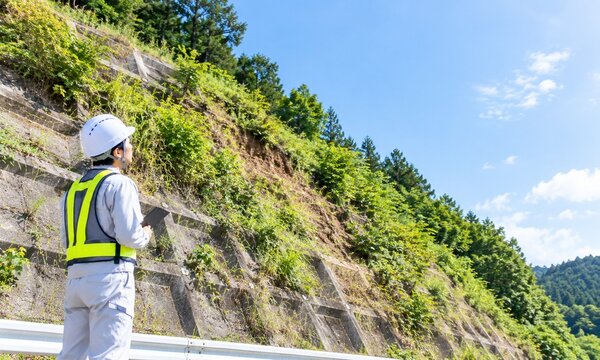 道路沿いの法面を目視しながら斜面や擁壁の状態を点検する日本人男性技術者