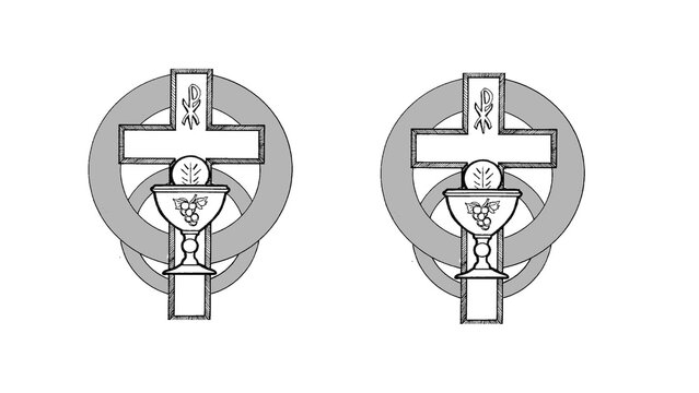 Pair of Eucharist chalices with communion host in front of Christian cross and circles, gray Catholic religious symbol illustration, emblem for church, Holy Communion, faith and spiritual design