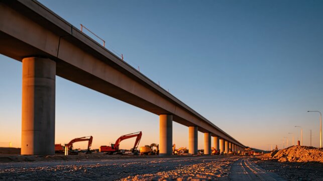 Urban bridge under construction spanning active work zone at sunset