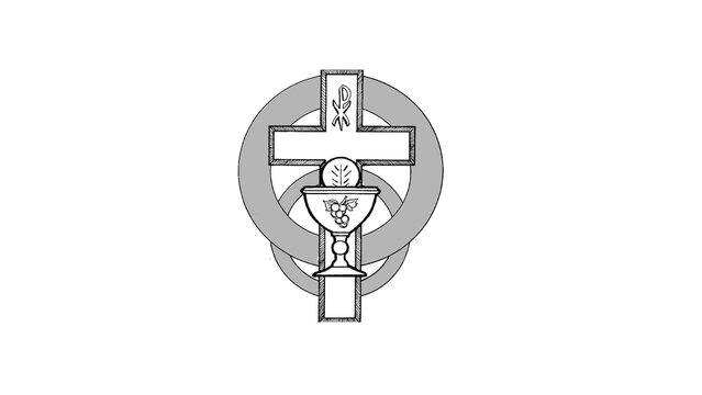 Eucharist chalice with communion host in front of Christian cross and circles, gray Catholic religious symbol illustration, simple emblem for church, Holy Communion, faith and spiritual design
