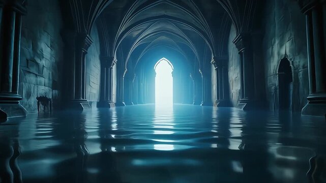 Flooded gothic cathedral hallway with glowing light reflecting on dark water in motion video clip