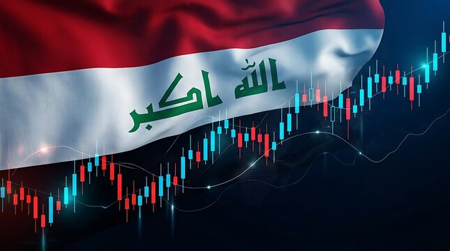 Iraqi flag displayed with stock market chart growth overlay for