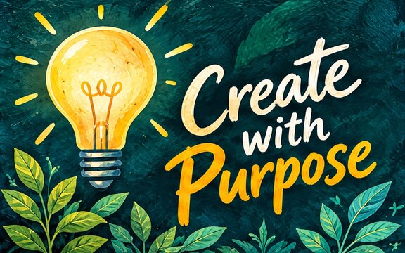 Creative motivational poster with a glowing lightbulb and botanical elements featuring the quote &ldquo;Create with Purpose.&rdquo;