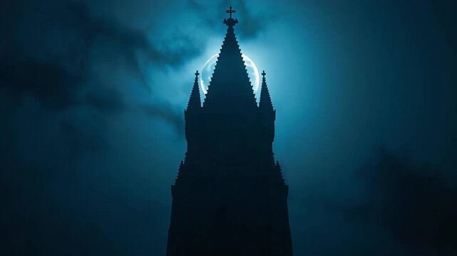 Gothic church steeple silhouette rising dramatically against glowing full moon and moody dark blue clouds motion video footage
