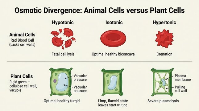 Osmotic Divergence Comparison Plant Versus Animal Cells Illustration.