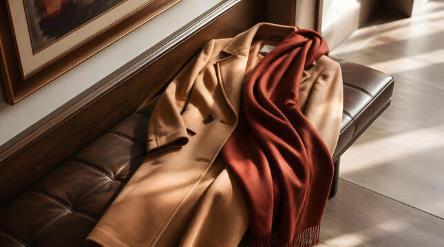 Tan leather bench rust colored scarf draped off white wall framed artwork indoor setting realistic diagonal composition of rustic decor