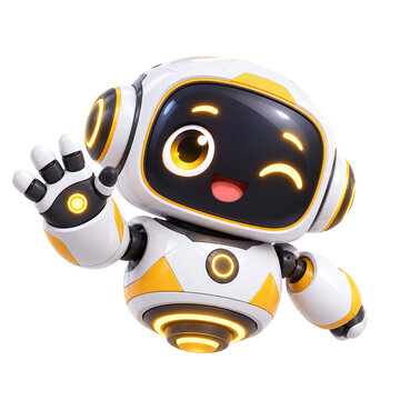 Playful 3D Robot Character Floating with Winking Eye and Raised Hand for Virtual Assistant, Hi Gesture and Online Support Concepts. Isolated on Transparent Background.