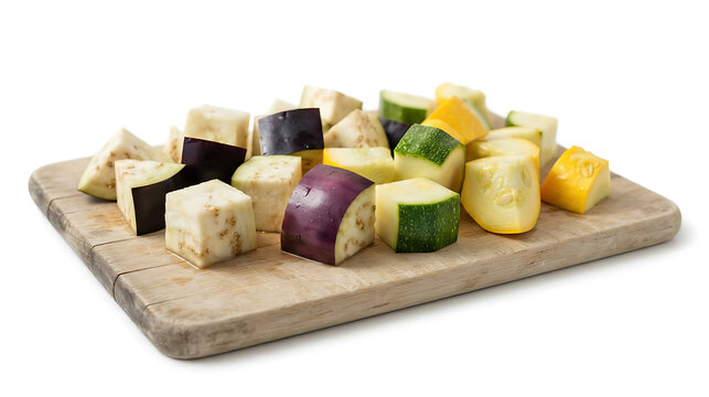 Diced eggplant and zucchini vegetables on a wooden cutting board