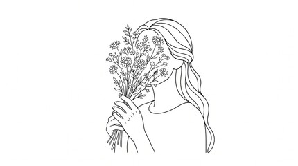 Fototapeta premium Minimalist line art drawing of elegant woman holding delicate wildflowers hiding her face