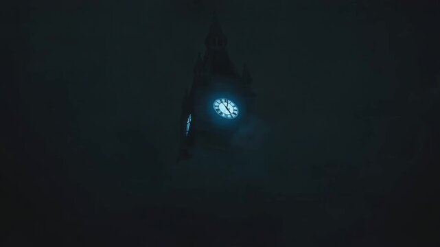 Clock tower silhouetted against dramatic stormy night sky with flashing lightning bolts and thick billowing dark clouds