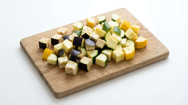 Diced zucchini and eggplant on a wooden cutting board for meal prep