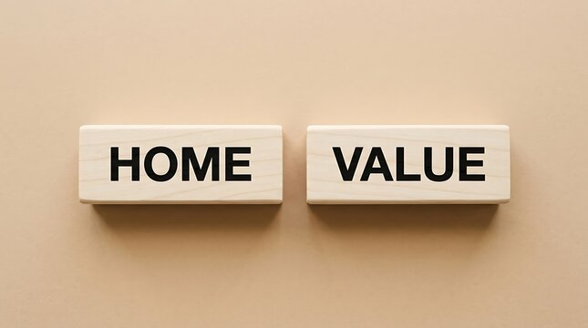 Two wooden blocks with text home value isolated on a light beige background for real estate concept
