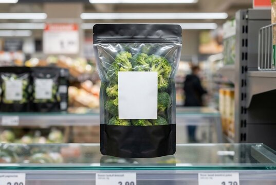 Fresh Green Broccoli Florets in Transparent Upright Pouch with Blank White Label on Supermarket Shelf