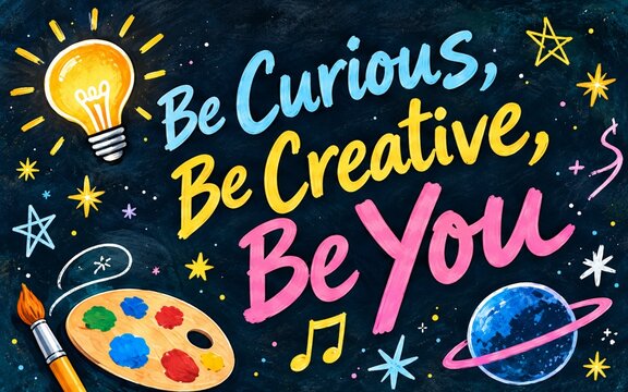 Colorful creative poster featuring the quote &ldquo;Be Curious, Be Creative, Be You,&rdquo; with art, science, and imagination icons inspiring learning and self-expression.