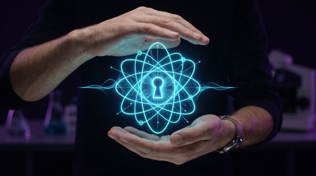 Scientist holding glowing quantum cryptography and atomic security lock hologram in laboratory