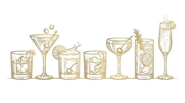 Cocktails collection vintage sketch illustration set with various alcoholic beverages drinks and glassware