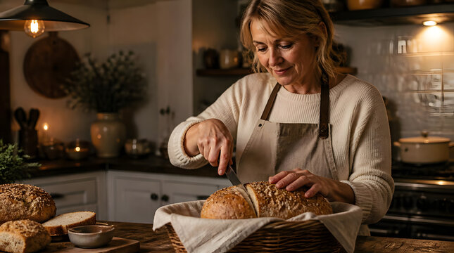 Middle aged woman cutting loaf of bread in cozy kitchen setting white cabinets utensils ingredients apron realistic three quarter shot