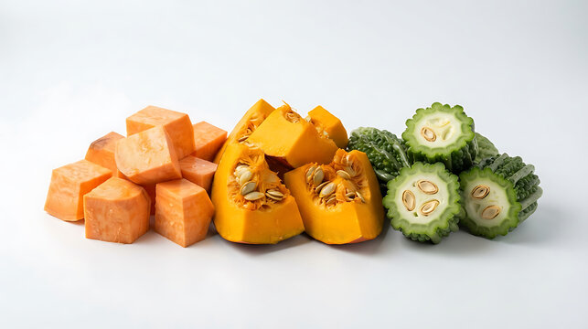 Fresh cut sweet potato pumpkin and bitter melon on a white background