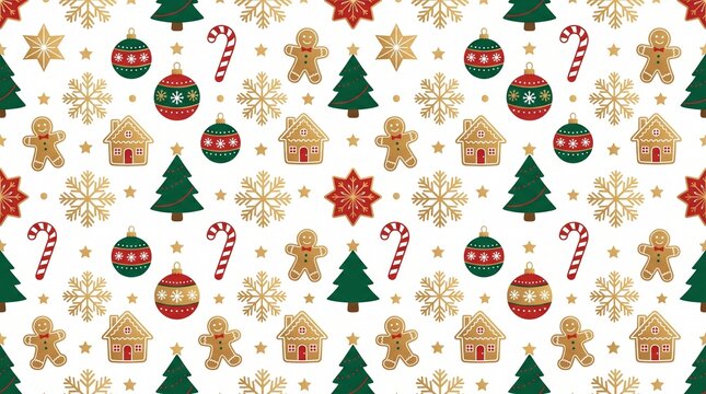 Seamless Christmas pattern featuring gingerbread men trees ornaments candy canes and golden snowflakes