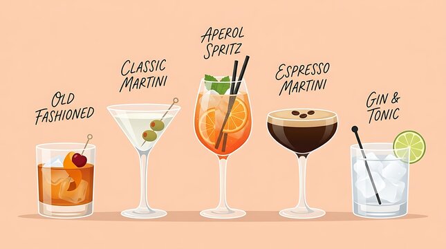 Cocktails collection vector illustration with popular alcoholic drinks labels like old fashioned martini and gin tonic