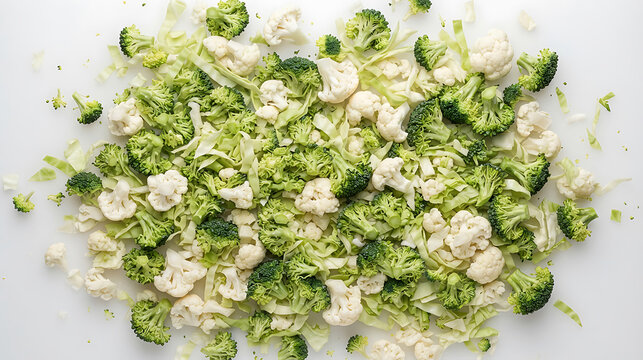 Fresh chopped broccoli and cauliflower florets on a white background