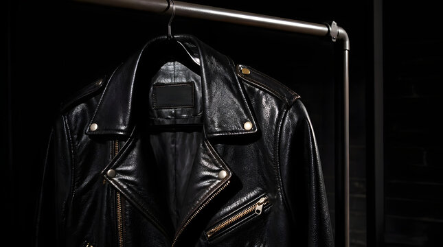 Shiny black leather jacket hanging on silver rack against dark background showcasing sleek design zippers indoor focused lighting close up realis